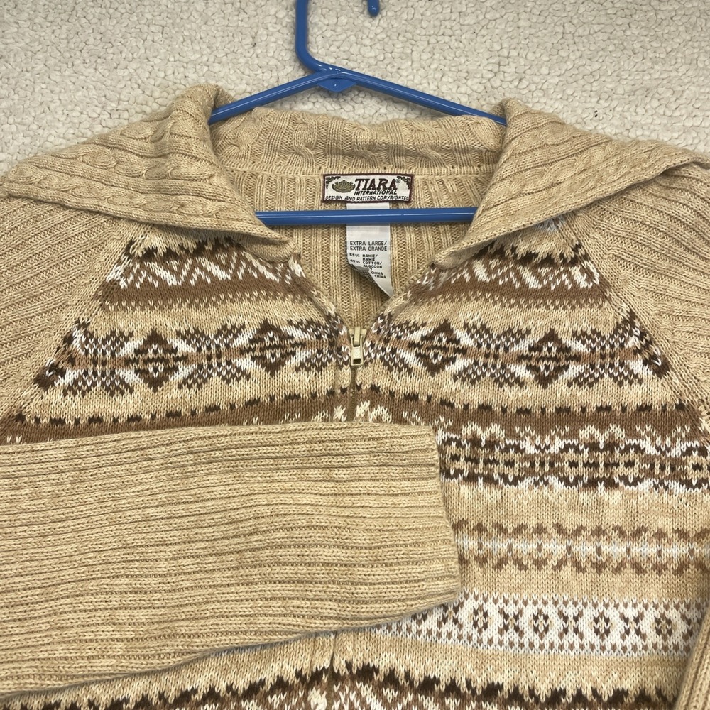 Tiara International Sweater Women XL Tan Fair Isle Zip Up Ramie Cotton Knit 0309
